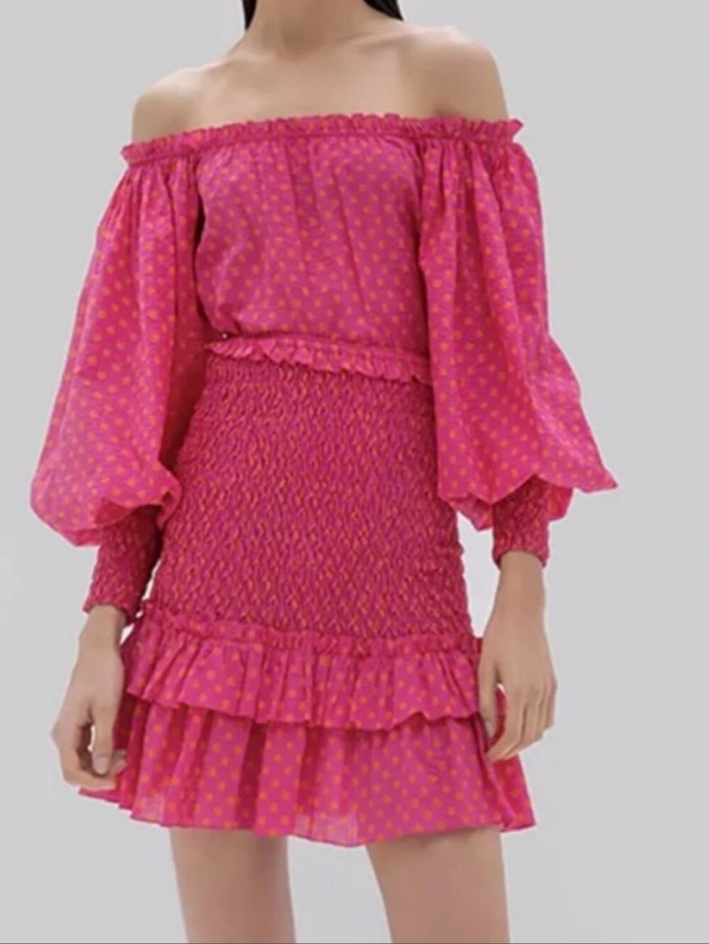 Alexis Marilena Hot Pink with Orange Dot Off-Shoulder Smocked Mini Dress